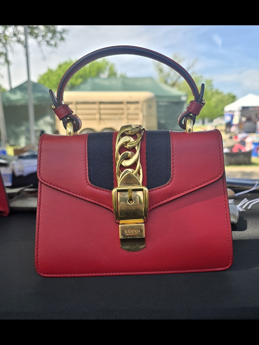 Gucci Sylvie Small Top Handle Red Leather Handbag With 2 Crossbody Straps